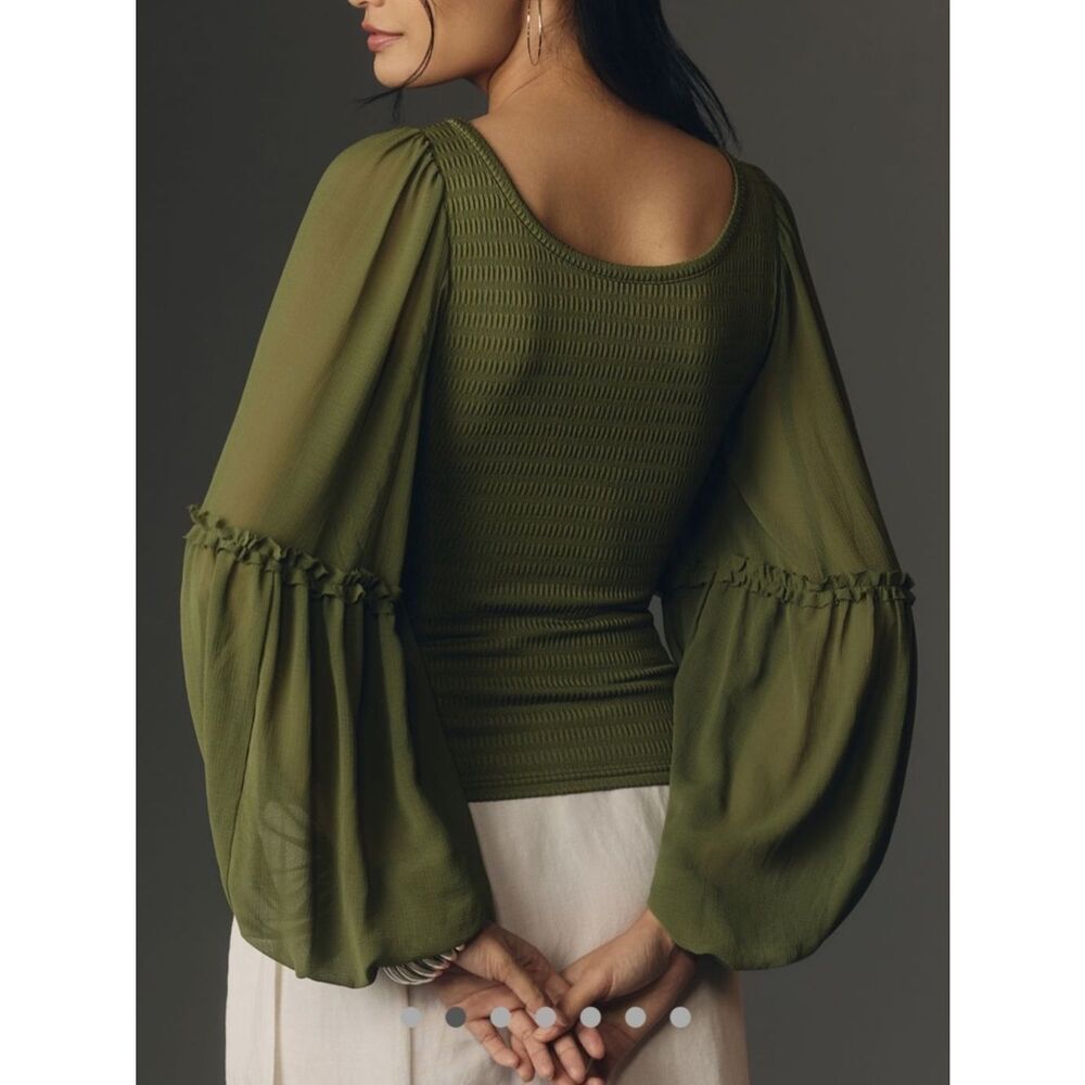 Anthropologie Olive Green Balloon-Sleeve Smocked Top - Picture 2 of 7